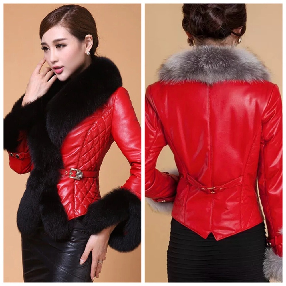 Red Vegan Leather Grey Faux Fur Trim Chic Quilted Statement Belted Coat Jacket